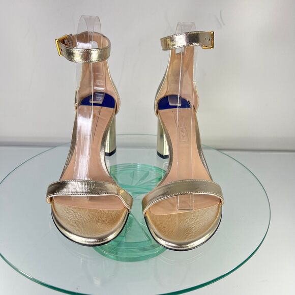 Stuart Weitzman Nudist Heel Sandals Gold Ankle Strap Open Toe Block - Picture 3 of 9